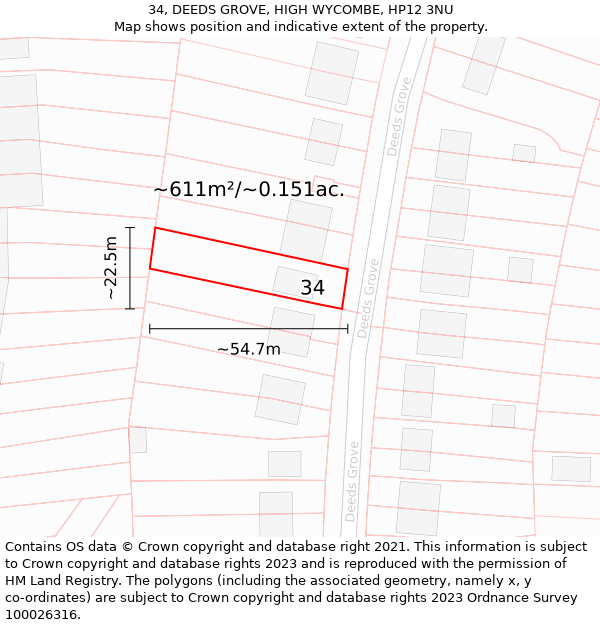 34, DEEDS GROVE, HIGH WYCOMBE, HP12 3NU: Plot and title map