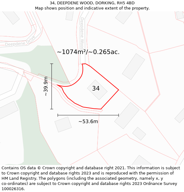 34, DEEPDENE WOOD, DORKING, RH5 4BD: Plot and title map