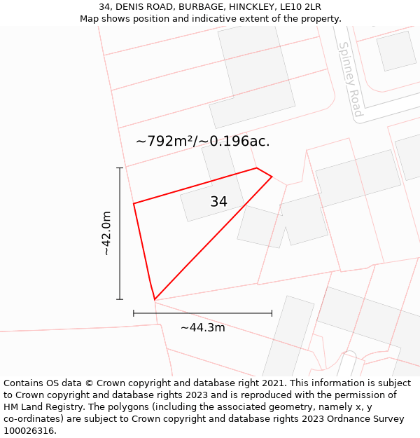 34, DENIS ROAD, BURBAGE, HINCKLEY, LE10 2LR: Plot and title map