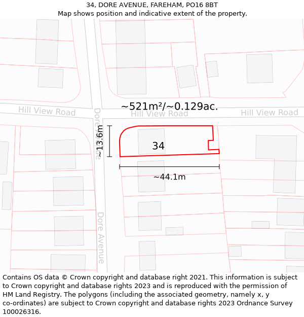 34, DORE AVENUE, FAREHAM, PO16 8BT: Plot and title map