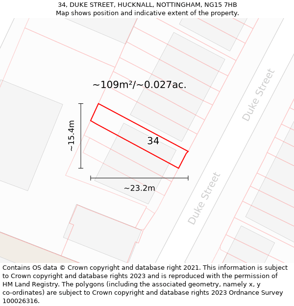 34, DUKE STREET, HUCKNALL, NOTTINGHAM, NG15 7HB: Plot and title map