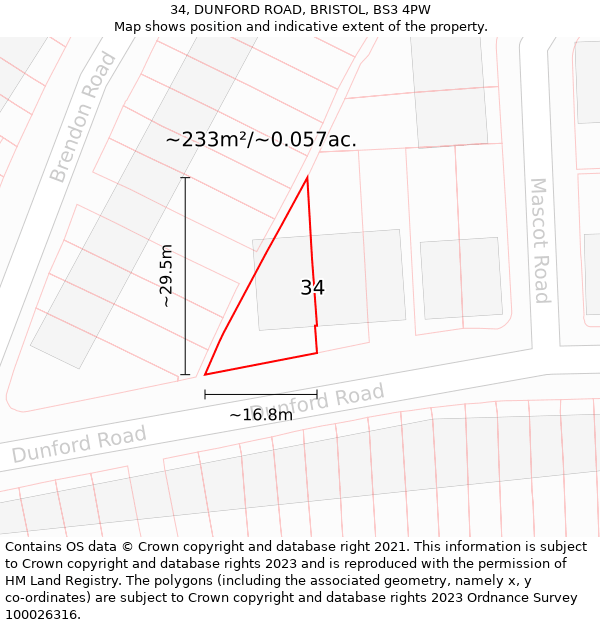 34, DUNFORD ROAD, BRISTOL, BS3 4PW: Plot and title map