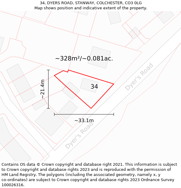 34, DYERS ROAD, STANWAY, COLCHESTER, CO3 0LG: Plot and title map