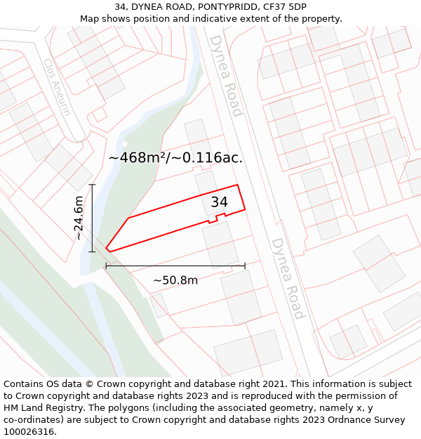 34, DYNEA ROAD, PONTYPRIDD, CF37 5DP: Plot and title map
