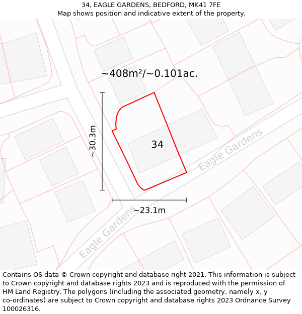 34, EAGLE GARDENS, BEDFORD, MK41 7FE: Plot and title map