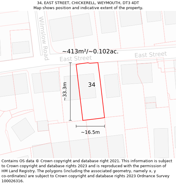 34, EAST STREET, CHICKERELL, WEYMOUTH, DT3 4DT: Plot and title map