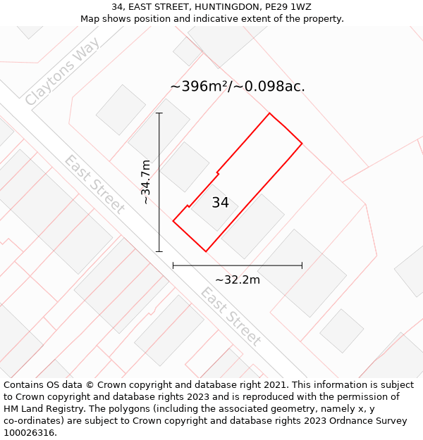 34, EAST STREET, HUNTINGDON, PE29 1WZ: Plot and title map