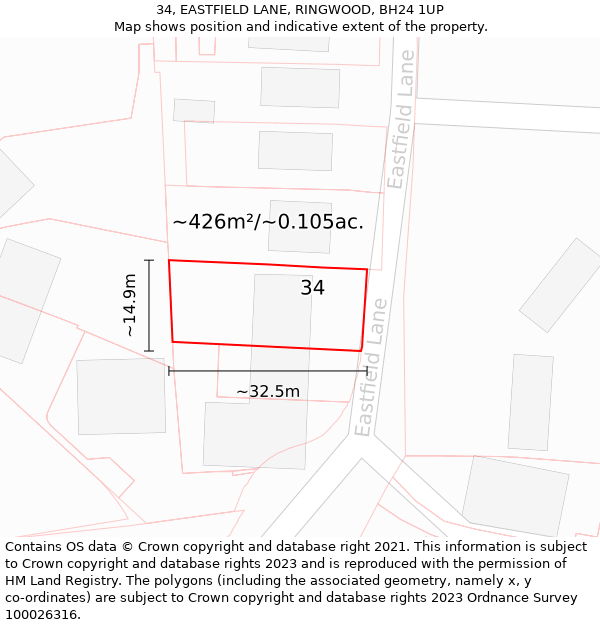 34, EASTFIELD LANE, RINGWOOD, BH24 1UP: Plot and title map