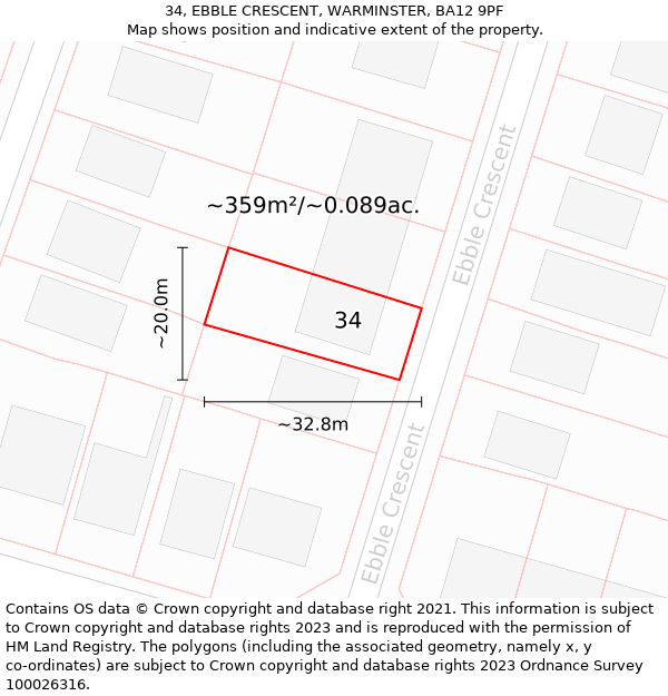 34, EBBLE CRESCENT, WARMINSTER, BA12 9PF: Plot and title map