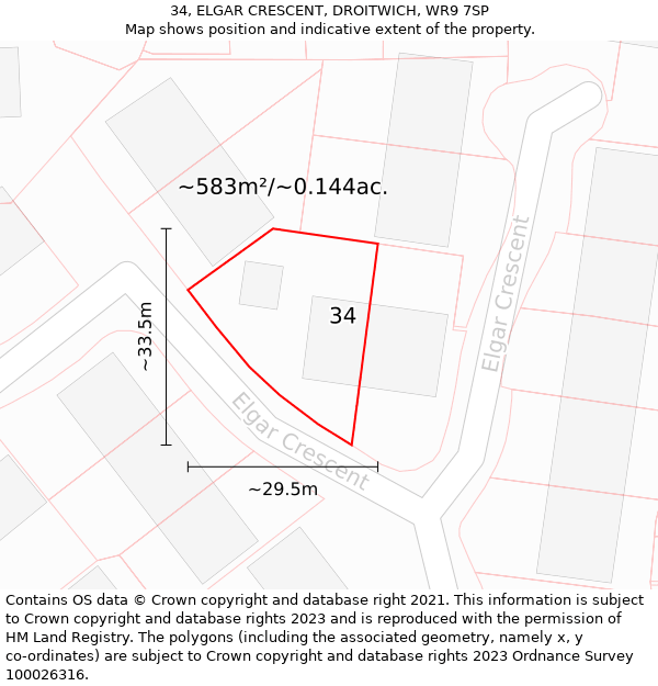 34, ELGAR CRESCENT, DROITWICH, WR9 7SP: Plot and title map