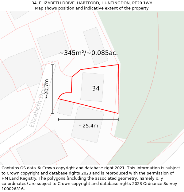 34, ELIZABETH DRIVE, HARTFORD, HUNTINGDON, PE29 1WA: Plot and title map