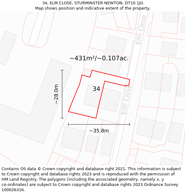 34, ELM CLOSE, STURMINSTER NEWTON, DT10 1JG: Plot and title map