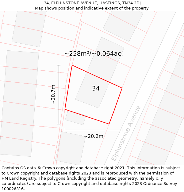 34, ELPHINSTONE AVENUE, HASTINGS, TN34 2DJ: Plot and title map