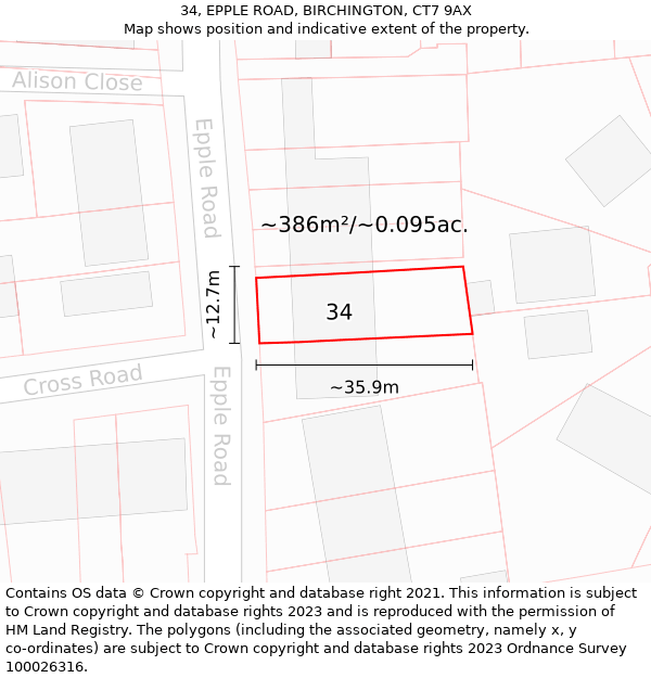 34, EPPLE ROAD, BIRCHINGTON, CT7 9AX: Plot and title map