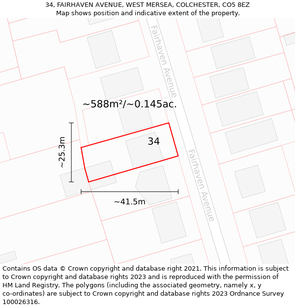 34, FAIRHAVEN AVENUE, WEST MERSEA, COLCHESTER, CO5 8EZ: Plot and title map