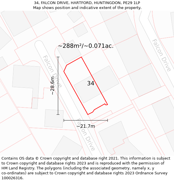 34, FALCON DRIVE, HARTFORD, HUNTINGDON, PE29 1LP: Plot and title map