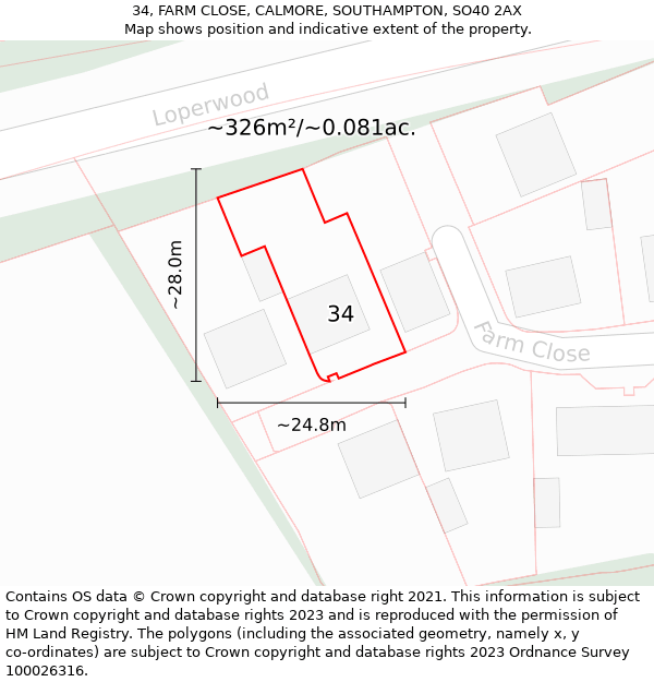 34, FARM CLOSE, CALMORE, SOUTHAMPTON, SO40 2AX: Plot and title map