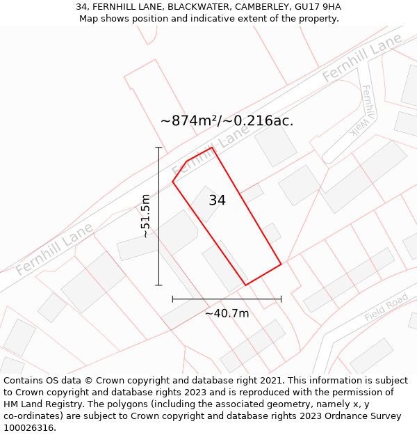 34, FERNHILL LANE, BLACKWATER, CAMBERLEY, GU17 9HA: Plot and title map