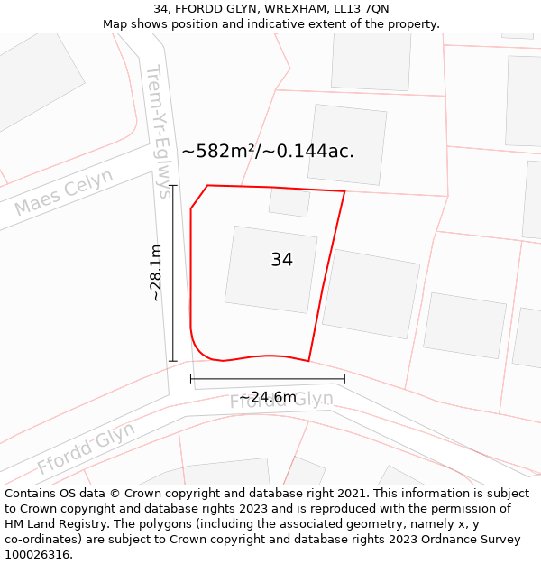 34, FFORDD GLYN, WREXHAM, LL13 7QN: Plot and title map