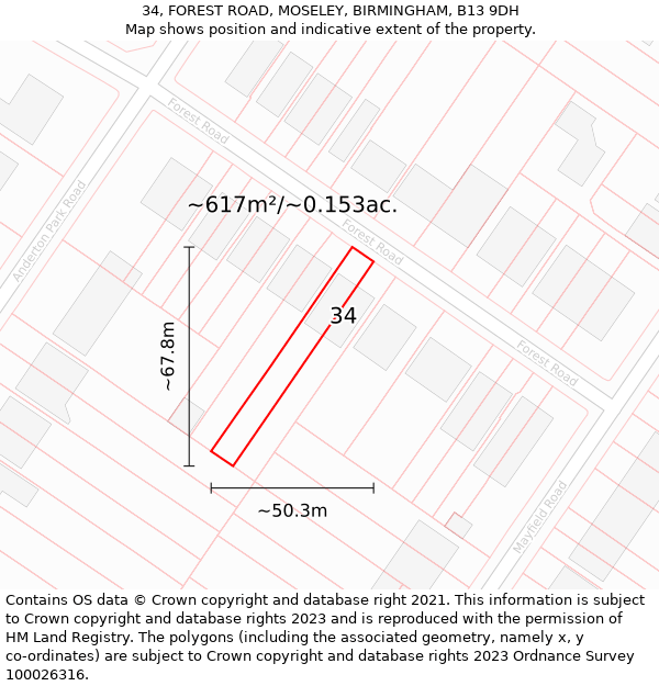 34, FOREST ROAD, MOSELEY, BIRMINGHAM, B13 9DH: Plot and title map