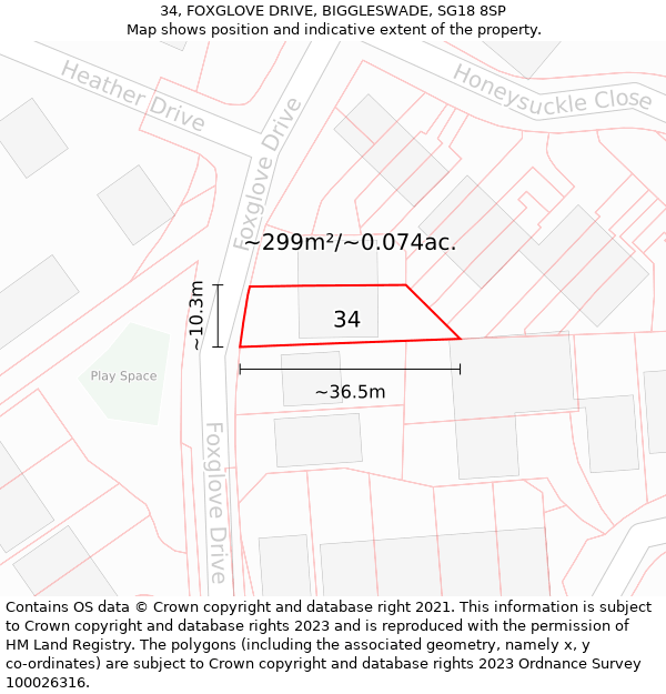 34, FOXGLOVE DRIVE, BIGGLESWADE, SG18 8SP: Plot and title map