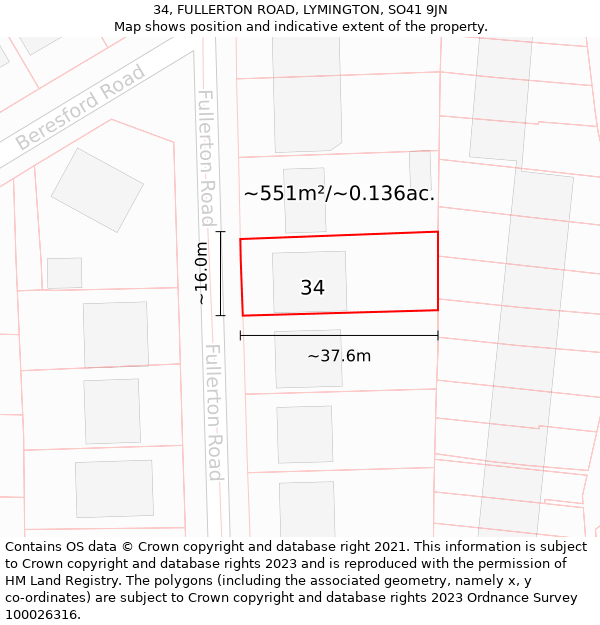 34, FULLERTON ROAD, LYMINGTON, SO41 9JN: Plot and title map