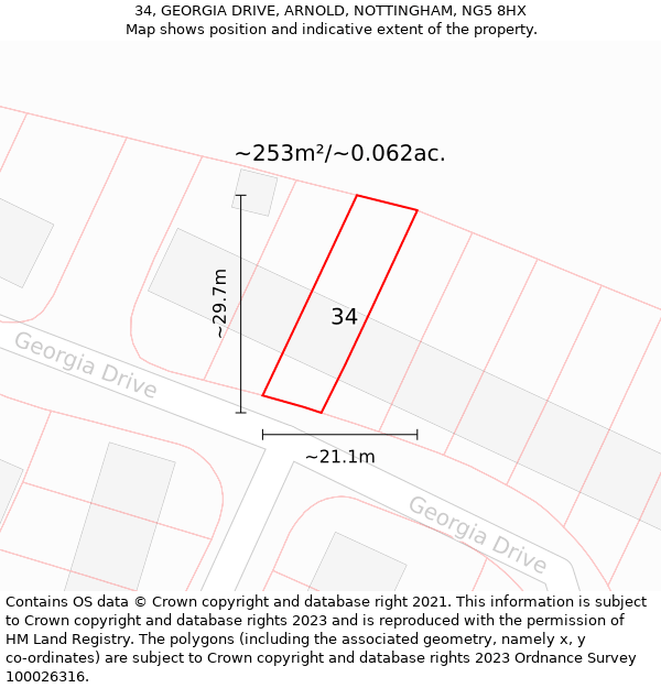 34, GEORGIA DRIVE, ARNOLD, NOTTINGHAM, NG5 8HX: Plot and title map