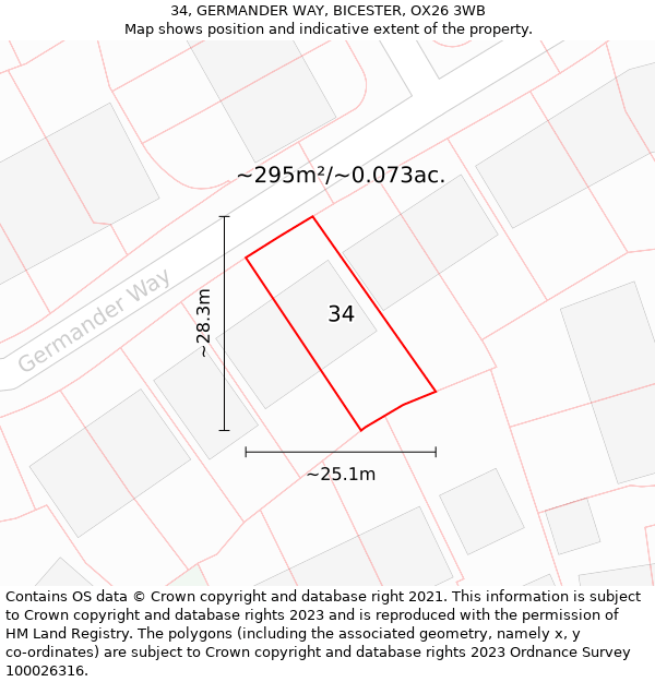 34, GERMANDER WAY, BICESTER, OX26 3WB: Plot and title map