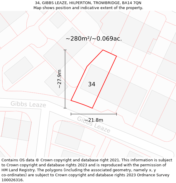 34, GIBBS LEAZE, HILPERTON, TROWBRIDGE, BA14 7QN: Plot and title map