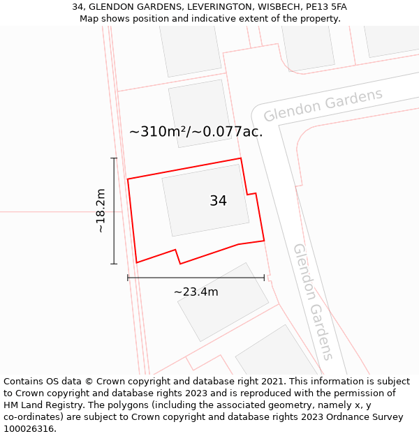 34, GLENDON GARDENS, LEVERINGTON, WISBECH, PE13 5FA: Plot and title map