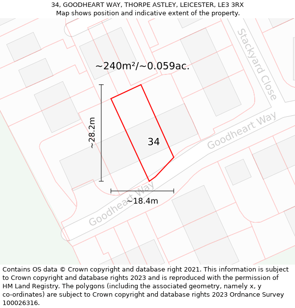 34, GOODHEART WAY, THORPE ASTLEY, LEICESTER, LE3 3RX: Plot and title map