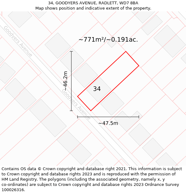 34, GOODYERS AVENUE, RADLETT, WD7 8BA: Plot and title map