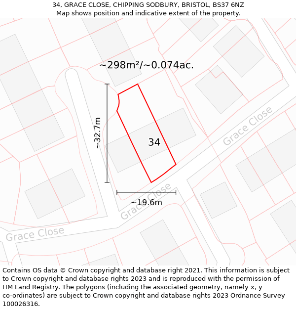 34, GRACE CLOSE, CHIPPING SODBURY, BRISTOL, BS37 6NZ: Plot and title map