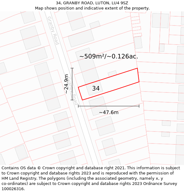 34, GRANBY ROAD, LUTON, LU4 9SZ: Plot and title map