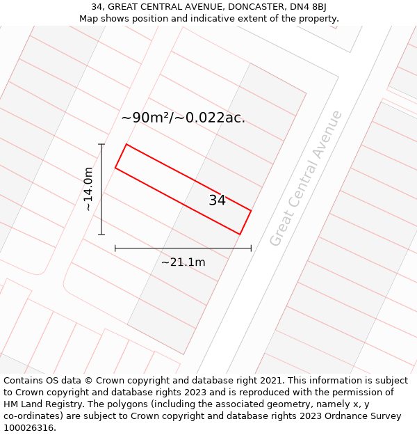 34, GREAT CENTRAL AVENUE, DONCASTER, DN4 8BJ: Plot and title map