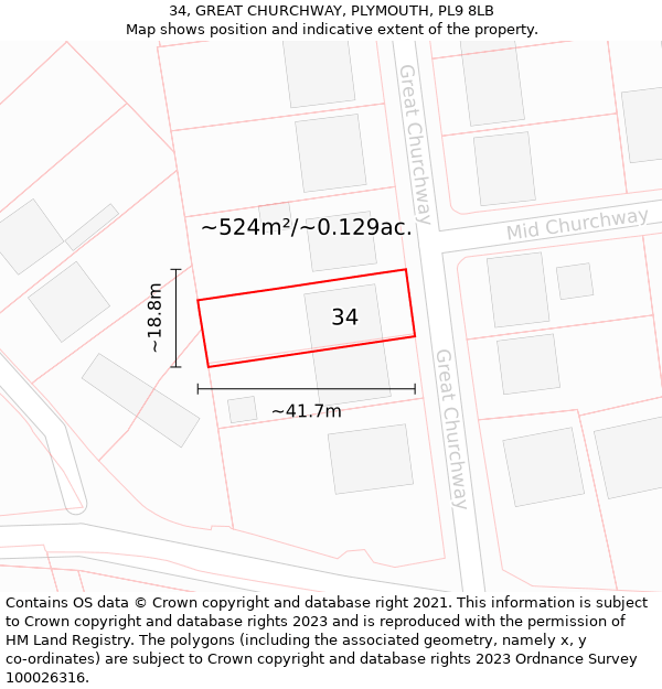 34, GREAT CHURCHWAY, PLYMOUTH, PL9 8LB: Plot and title map