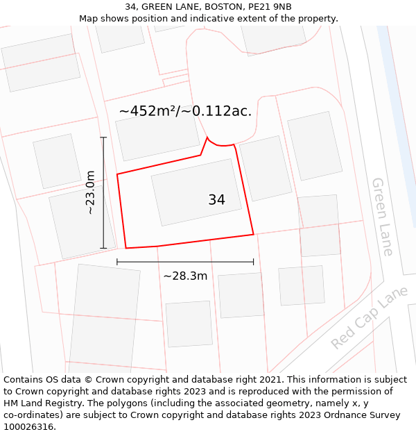 34, GREEN LANE, BOSTON, PE21 9NB: Plot and title map