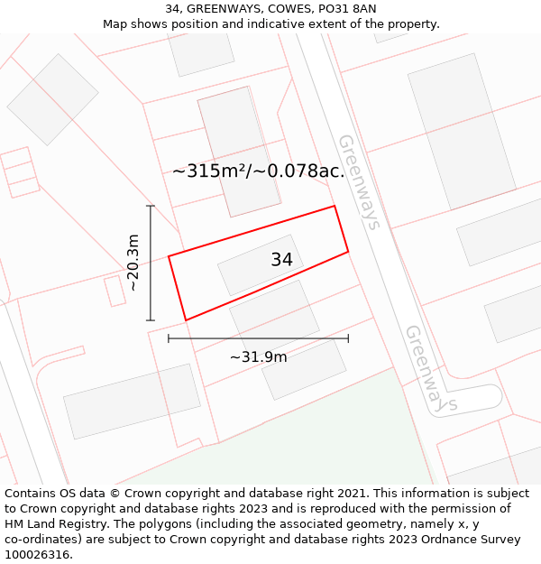 34, GREENWAYS, COWES, PO31 8AN: Plot and title map