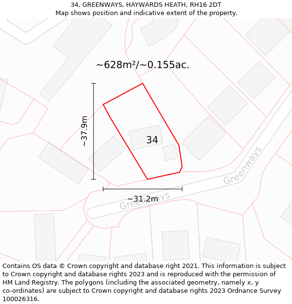 34, GREENWAYS, HAYWARDS HEATH, RH16 2DT: Plot and title map