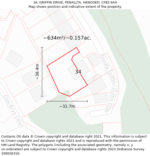 34, GRIFFIN DRIVE, PENALLTA, HENGOED, CF82 6AH: Plot and title map