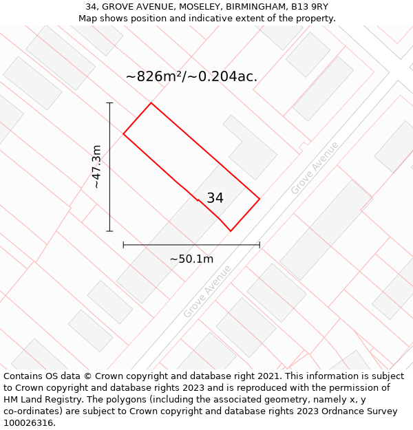 34, GROVE AVENUE, MOSELEY, BIRMINGHAM, B13 9RY: Plot and title map