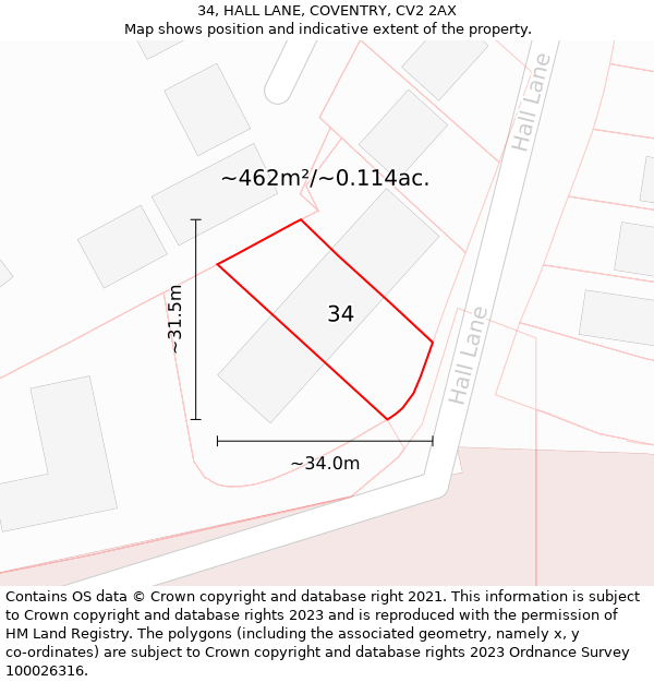 34, HALL LANE, COVENTRY, CV2 2AX: Plot and title map