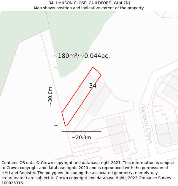 34, HANSON CLOSE, GUILDFORD, GU4 7NJ: Plot and title map