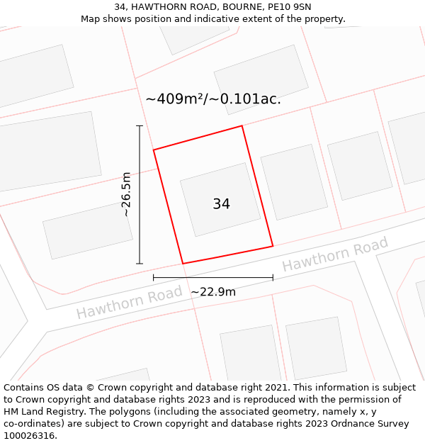 34, HAWTHORN ROAD, BOURNE, PE10 9SN: Plot and title map