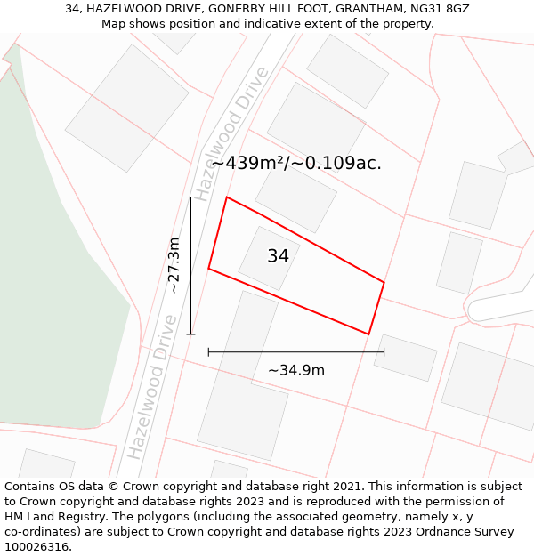 34, HAZELWOOD DRIVE, GONERBY HILL FOOT, GRANTHAM, NG31 8GZ: Plot and title map