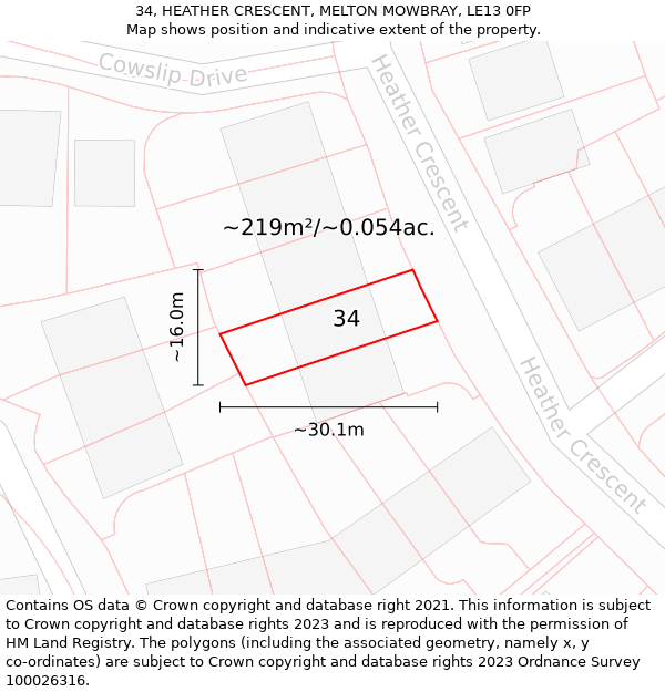 34, HEATHER CRESCENT, MELTON MOWBRAY, LE13 0FP: Plot and title map