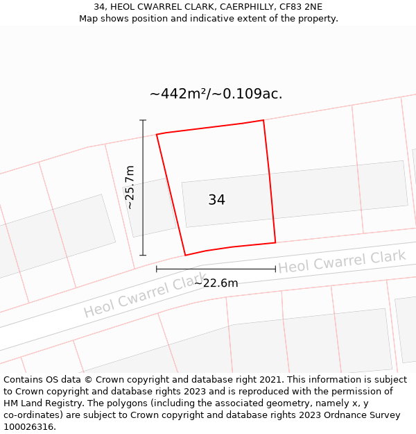 34, HEOL CWARREL CLARK, CAERPHILLY, CF83 2NE: Plot and title map