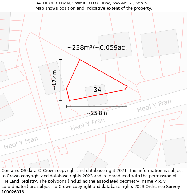 34, HEOL Y FRAN, CWMRHYDYCEIRW, SWANSEA, SA6 6TL: Plot and title map