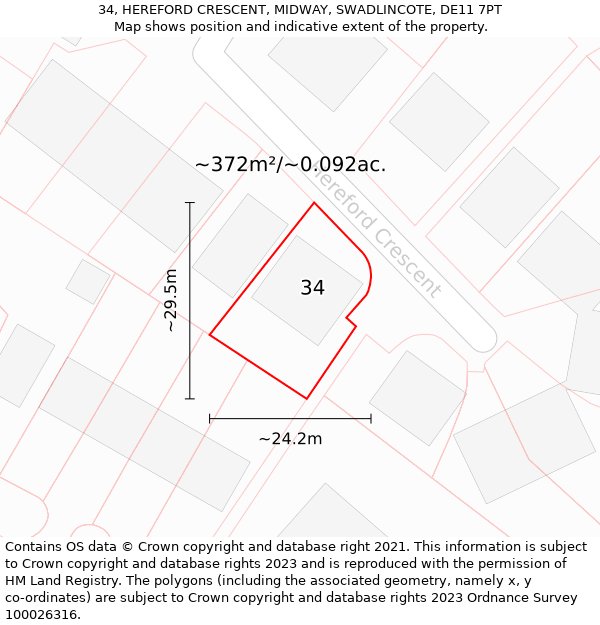 34, HEREFORD CRESCENT, MIDWAY, SWADLINCOTE, DE11 7PT: Plot and title map