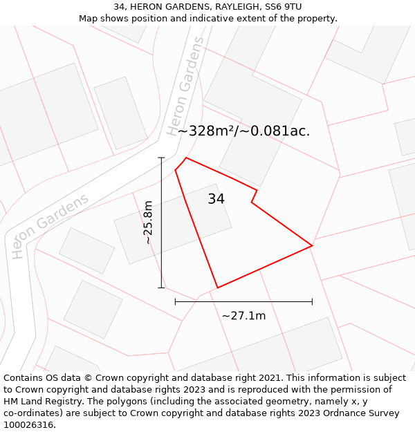 34, HERON GARDENS, RAYLEIGH, SS6 9TU: Plot and title map